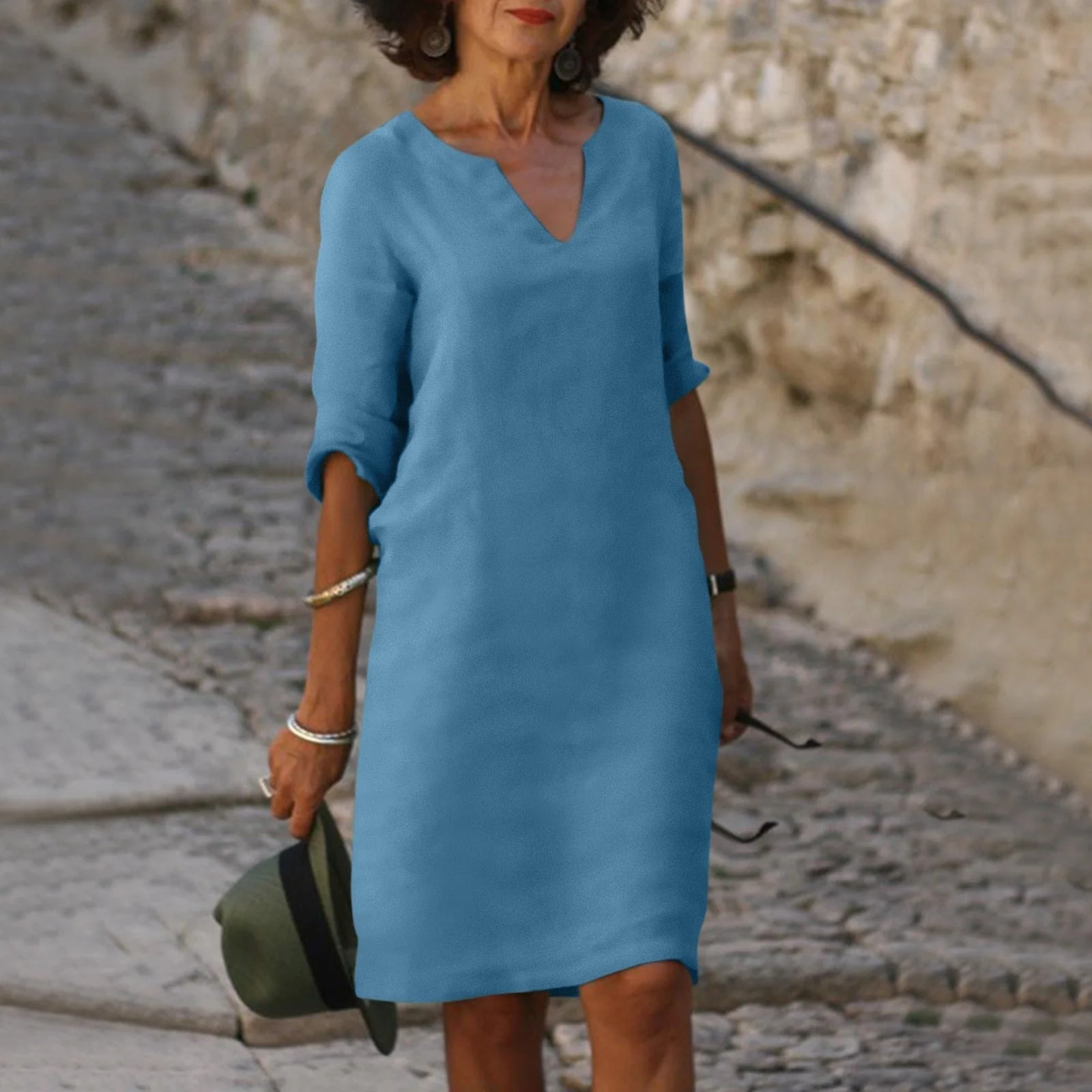 Heidi-Mode | Lockere Passform Halbe Ärmel Kurzkleid Leinenkleid - Image 13