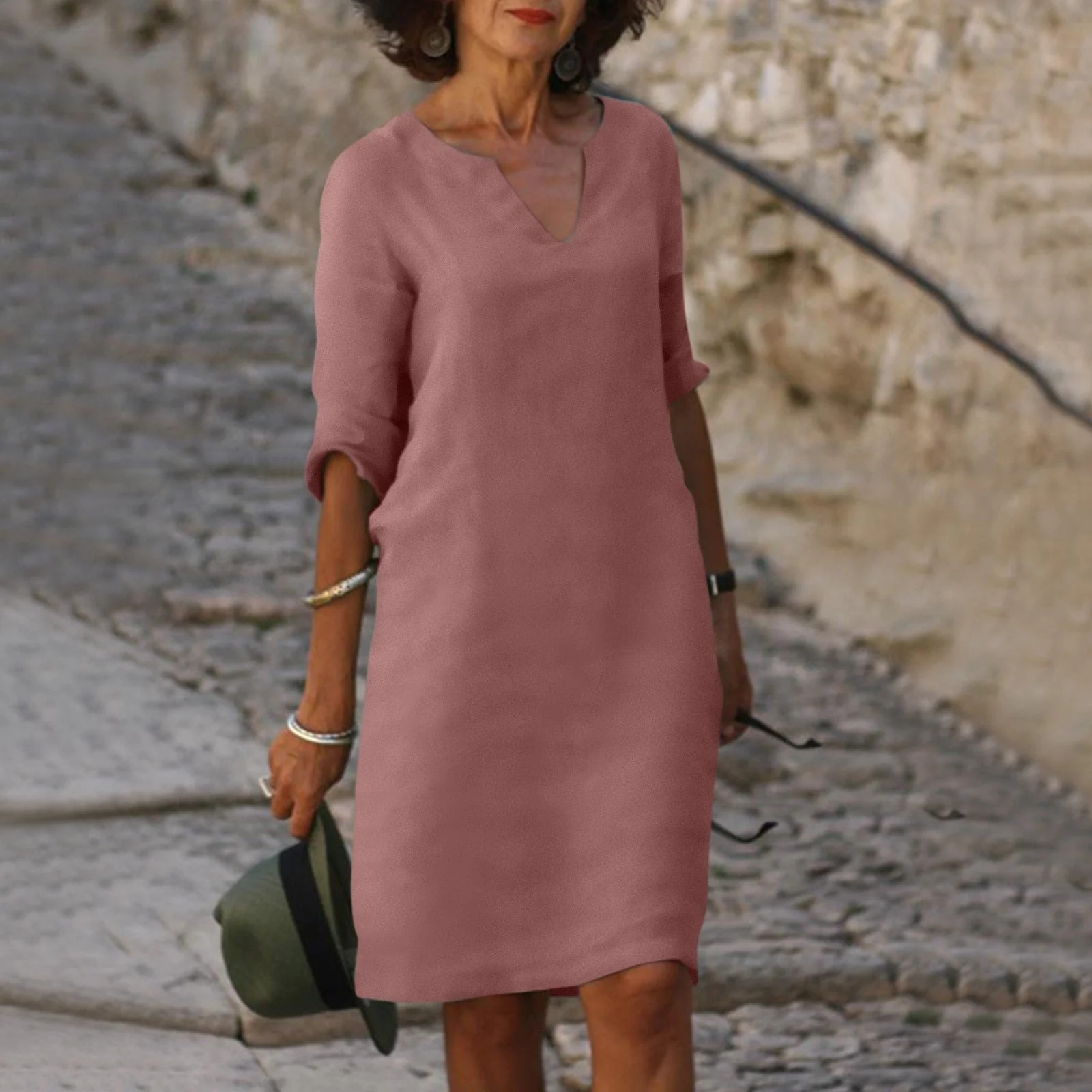 Heidi-Mode | Lockere Passform Halbe Ärmel Kurzkleid Leinenkleid - Image 7