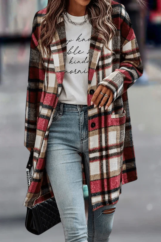 Heidi-Mode | Lässiger Wollmantel mit Revers-Taschen und Karomuster für Damen Stilvoll und Bequem - Image 6