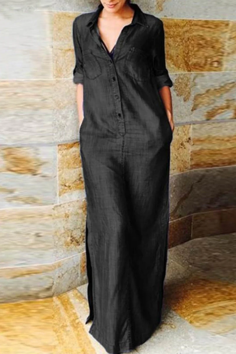 Heidi-Mode | Lässig Einfarbig Tasche Umgeschlagen Kragen Lange Ärmel Regulär Denim Kleider - 3 Farben - Image 4