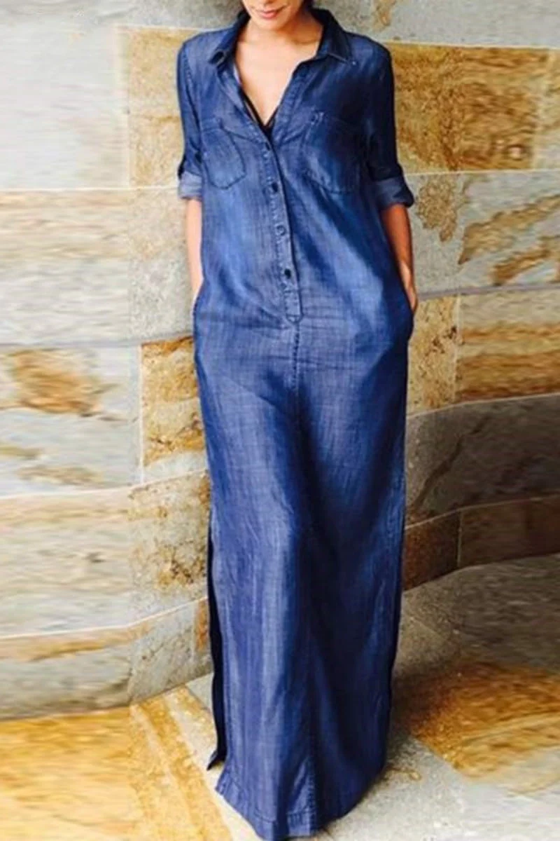 Heidi-Mode | Lässig Einfarbig Tasche Umgeschlagen Kragen Lange Ärmel Regulär Denim Kleider - 3 Farben - Image 5