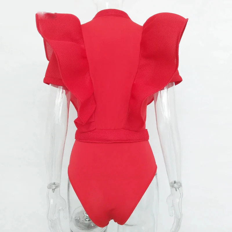Heidi-Mode | Freizeit Schwarzes Rüschenschnitt Ausschnitt Kurzarm Frauen Bodysuit Top - Image 12