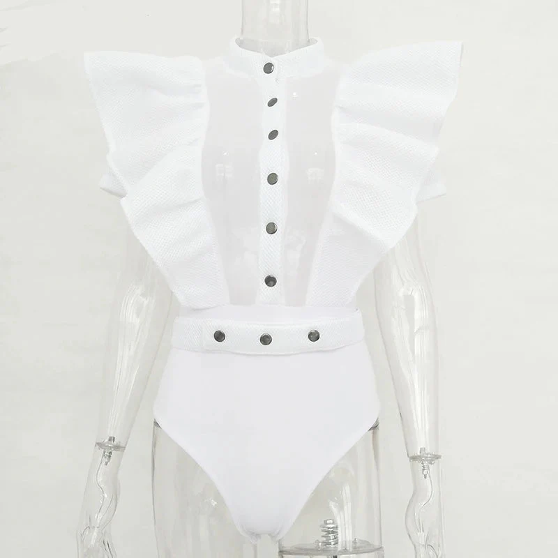 Heidi-Mode | Freizeit Schwarzes Rüschenschnitt Ausschnitt Kurzarm Frauen Bodysuit Top - Image 3