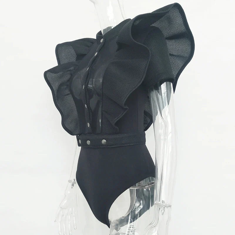 Heidi-Mode | Freizeit Schwarzes Rüschenschnitt Ausschnitt Kurzarm Frauen Bodysuit Top - Image 8