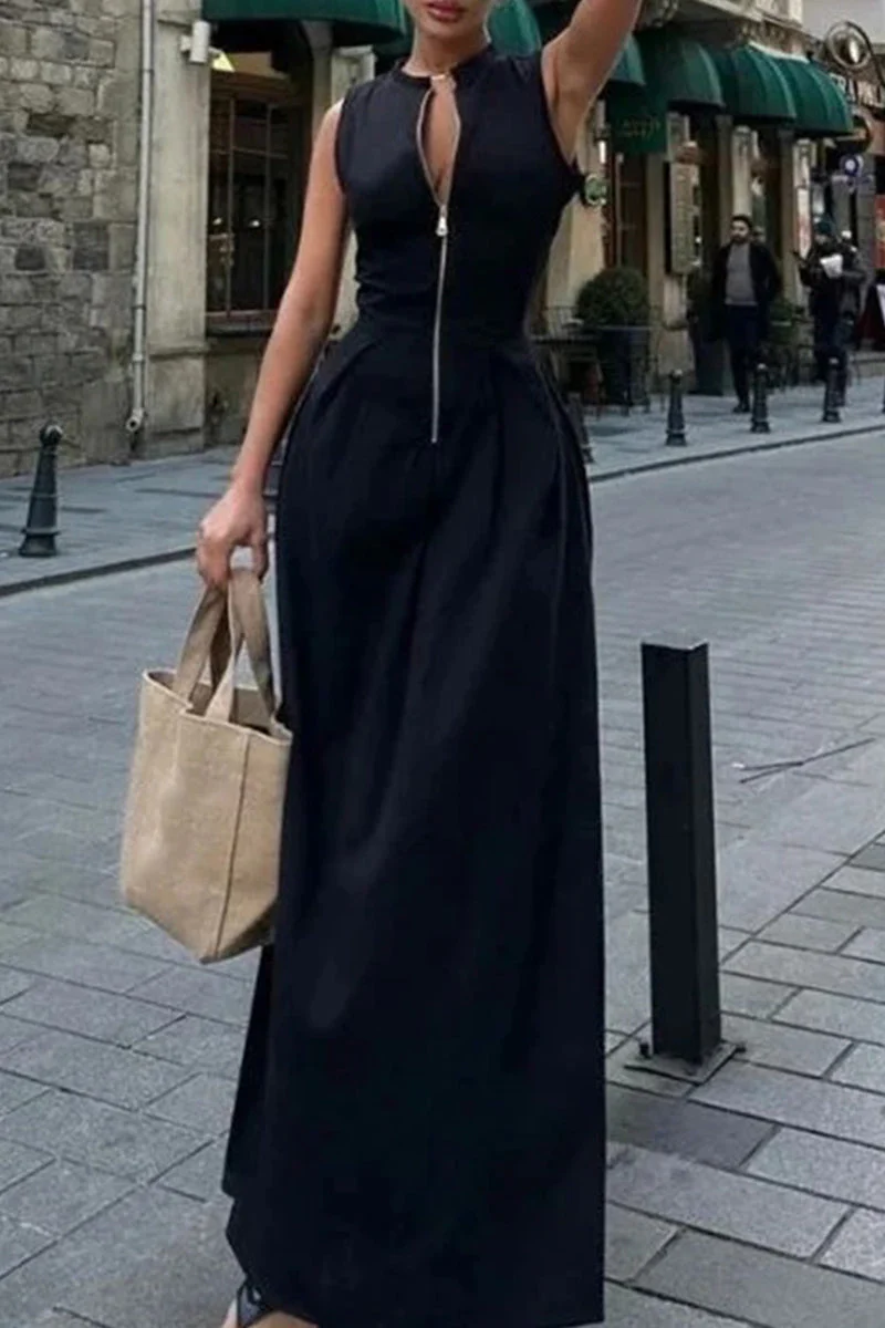 Heidi-Mode | Lässige Straßen-Taschen-Reißverschluss O-Ausschnitt Lange Kleider - 3 Farben