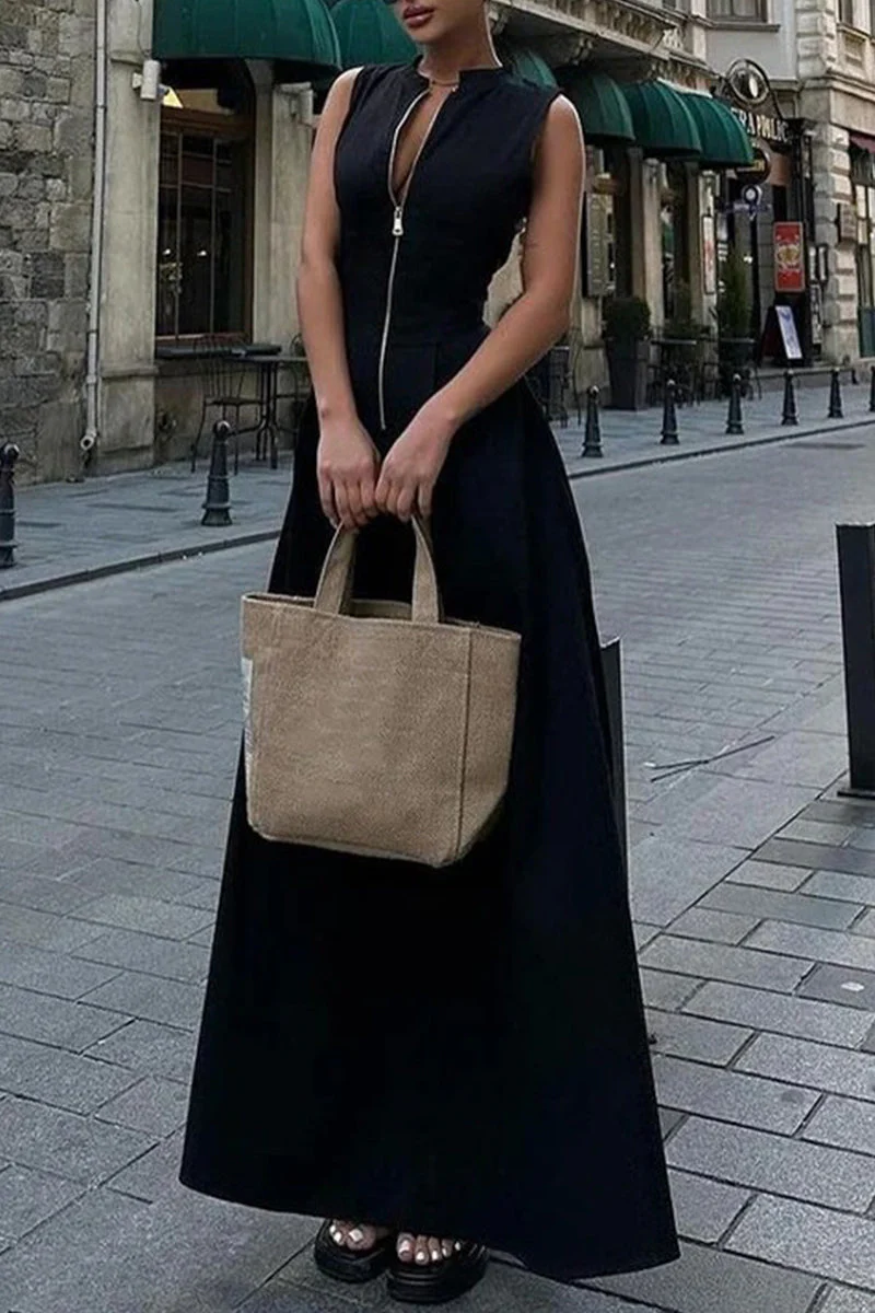Heidi-Mode | Lässige Straßen-Taschen-Reißverschluss O-Ausschnitt Lange Kleider - 3 Farben - Image 14