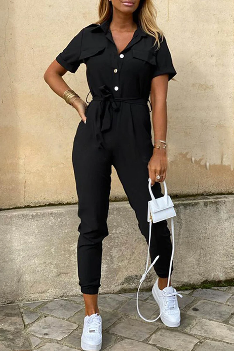 Heidi-Mode | Lässige Tägliche Einfarbige Frenulum mit Gürtel Umlegekragen Reguläre Jumpsuits - Image 4