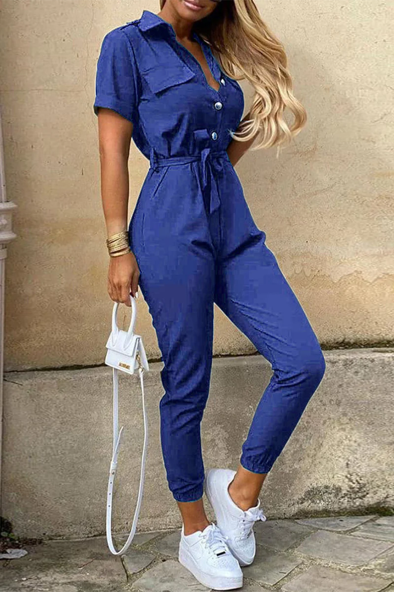 Heidi-Mode | Lässige Tägliche Einfarbige Frenulum mit Gürtel Umlegekragen Reguläre Jumpsuits - Image 5