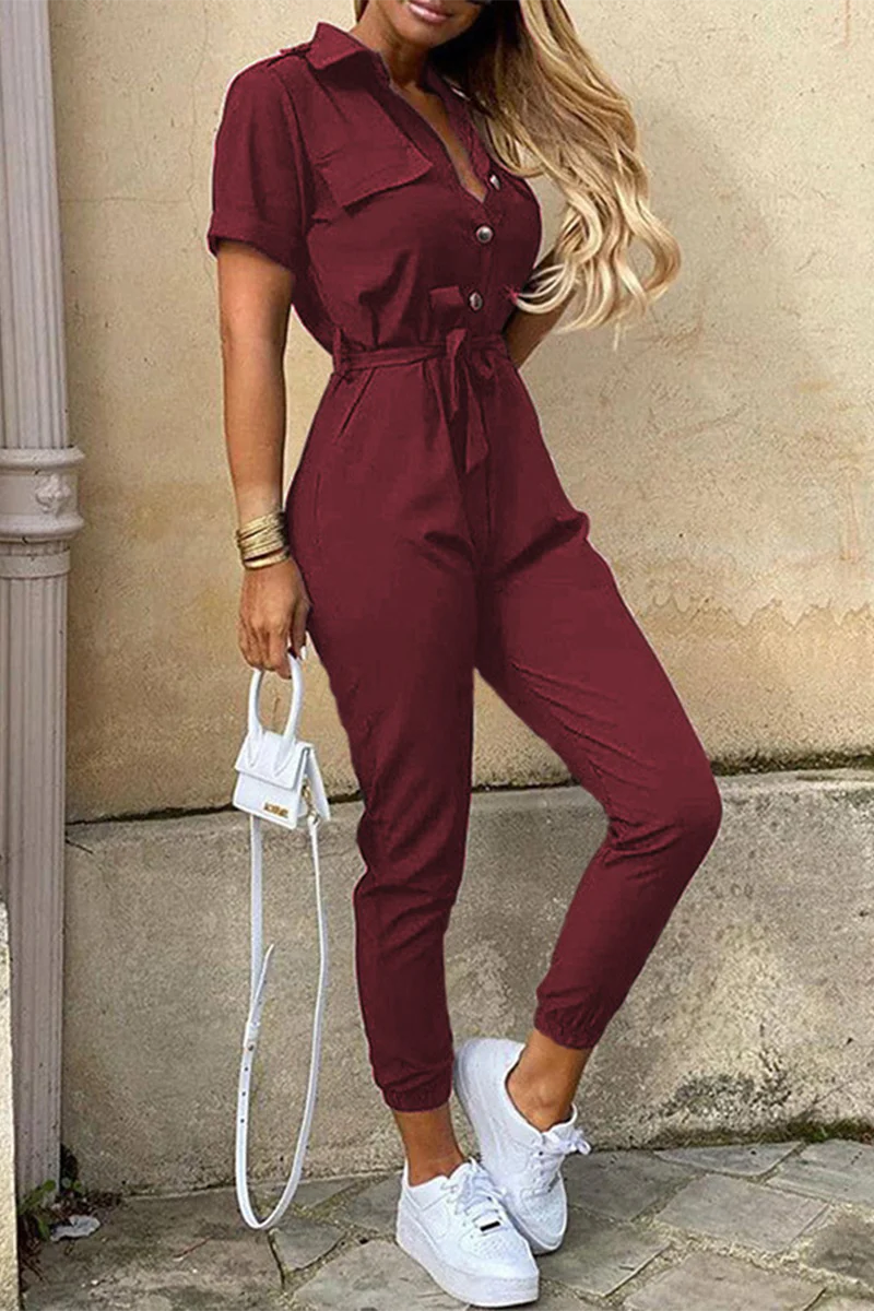 Heidi-Mode | Lässige Tägliche Einfarbige Frenulum mit Gürtel Umlegekragen Reguläre Jumpsuits - Image 7