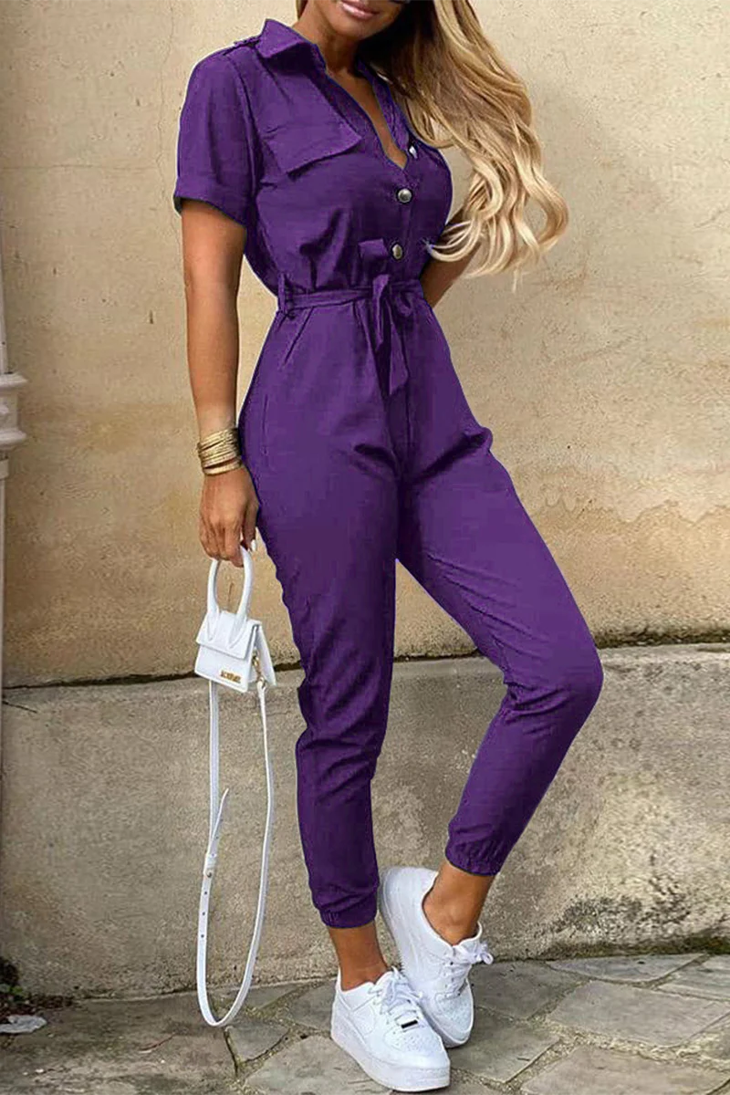 Heidi-Mode | Lässige Tägliche Einfarbige Frenulum mit Gürtel Umlegekragen Reguläre Jumpsuits - Image 8