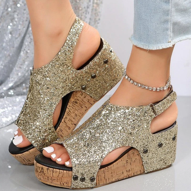 Heidi-Mode | Lässige Ausgehöhlte Pailletten Patchwork Fischmund Outdoor Wedges Schuhe - Image 2