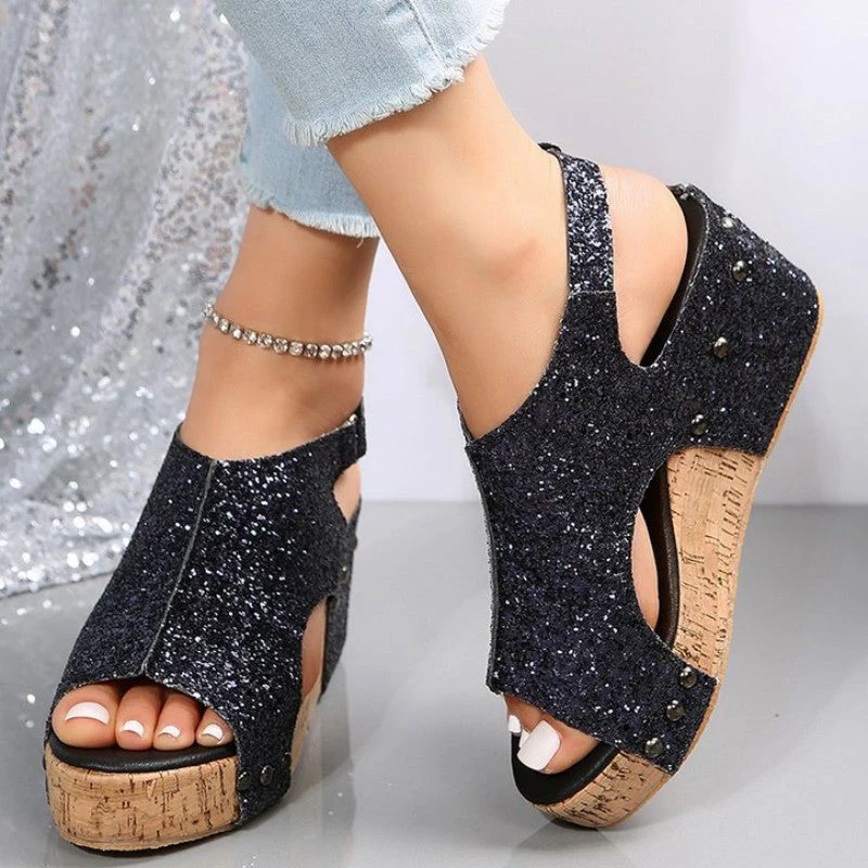 Heidi-Mode | Lässige Ausgehöhlte Pailletten Patchwork Fischmund Outdoor Wedges Schuhe - Image 4