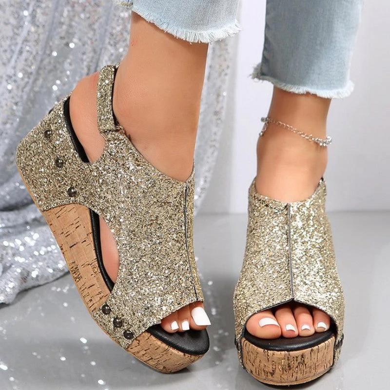 Heidi-Mode | Lässige Ausgehöhlte Pailletten Patchwork Fischmund Outdoor Wedges Schuhe - Image 5