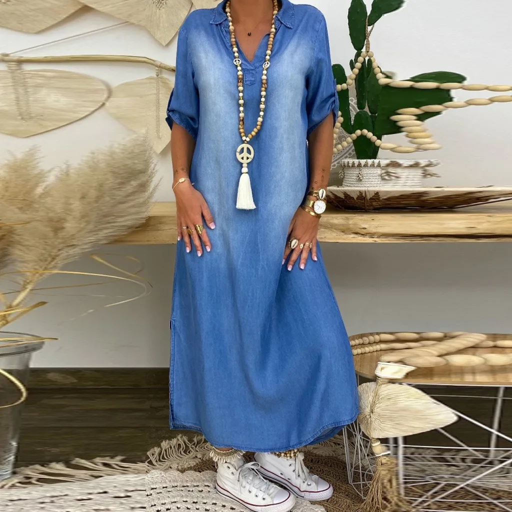 Heidi-Mode | Lässiges Denim Maxikleid mit Kragen für Damen - Image 3