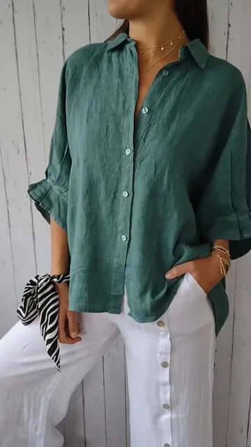 Heidi-Mode | Lässiges Shirt mit Schlaufenverschluss Aus Baumwolle und Leinen für Frauen - Image 4