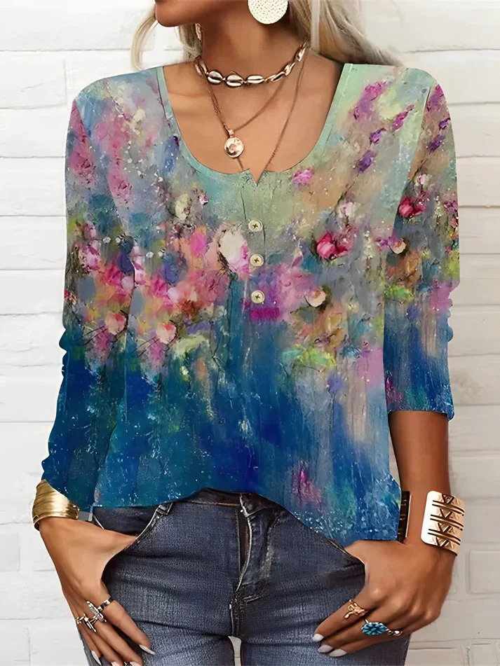 Heidi-Mode | T-Shirt mit Langen Ärmeln und Blumenprint mit Rundhalsausschnitt und Langen Ärmeln - Image 3