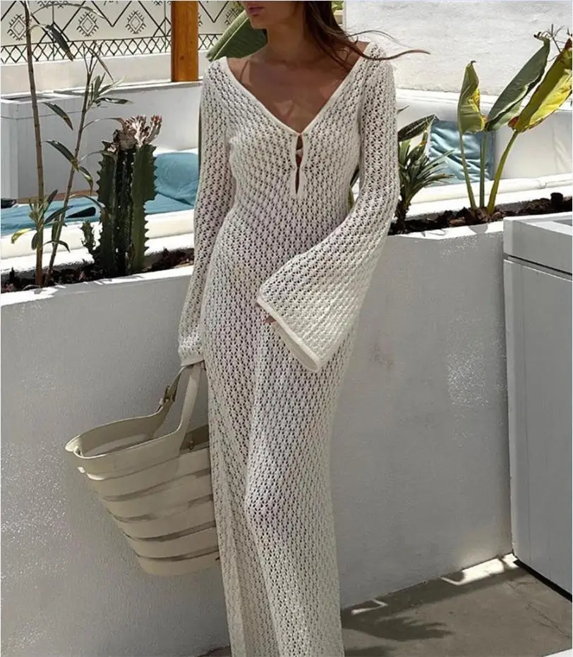 Heidi-Mode | Maxi Strickkleid Häkeltextur V-Ausschnitt Lange Ärmel Fließender Boho Stil - Image 2