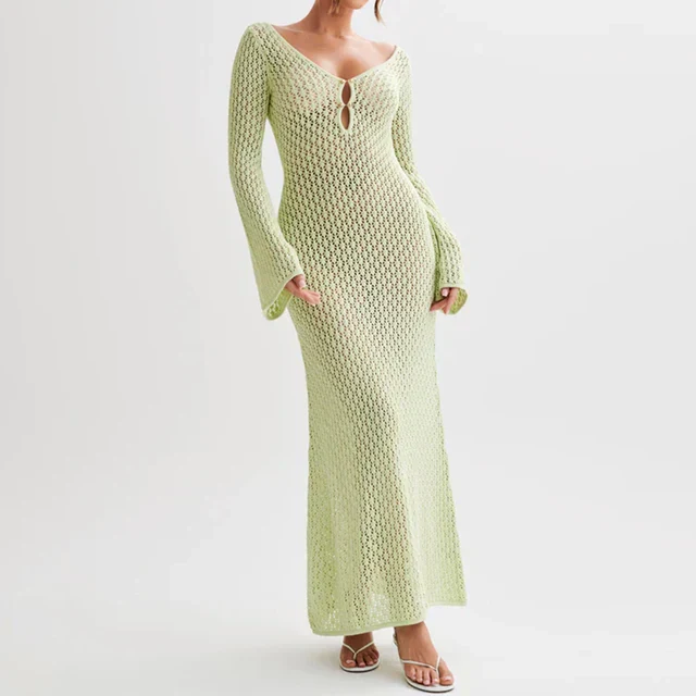 Heidi-Mode | Maxi Strickkleid Häkeltextur V-Ausschnitt Lange Ärmel Fließender Boho Stil - Image 8