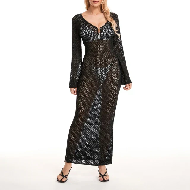 Heidi-Mode | Maxi Strickkleid Häkeltextur V-Ausschnitt Lange Ärmel Fließender Boho Stil - Image 9