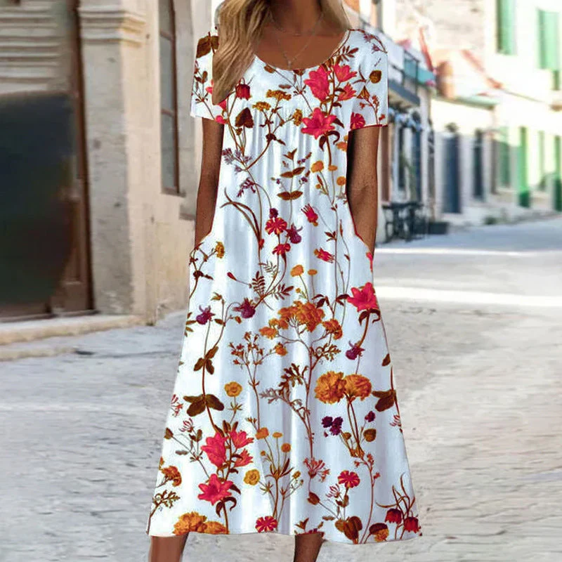 Heidi-Mode | Maxikleid Im Bohemian-Stil mit Blumenmuster und Taschen Kurzärmliges Maxikleid mit Blumenmuster Im Boho-Chic-Stil für Damen - Image 2