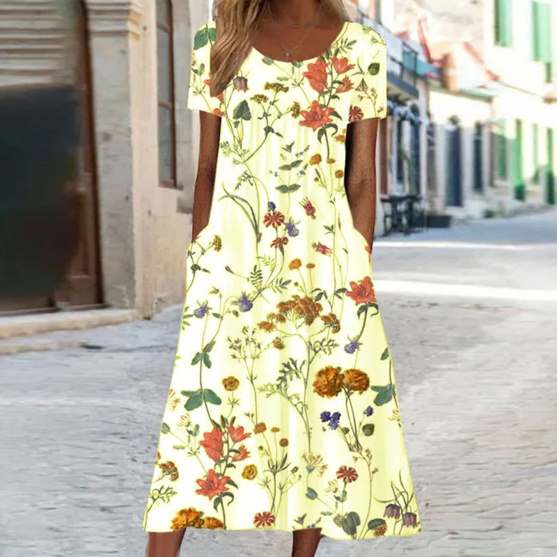 Heidi-Mode | Maxikleid Im Bohemian-Stil mit Blumenmuster und Taschen Kurzärmliges Maxikleid mit Blumenmuster Im Boho-Chic-Stil für Damen - Image 3