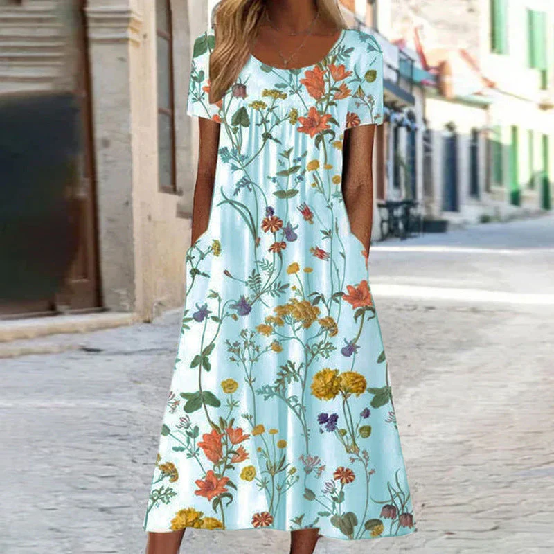 Heidi-Mode | Maxikleid Im Bohemian-Stil mit Blumenmuster und Taschen Kurzärmliges Maxikleid mit Blumenmuster Im Boho-Chic-Stil für Damen - Image 4