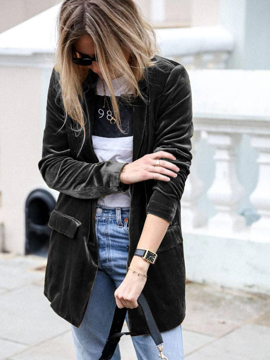 Heidi-Mode | Mittel-Lang Samt Blazer Knöpfe Taschen Lange Ärmel Damen Elegante Mode Jacke - Image 8