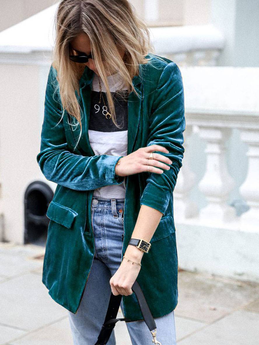 Heidi-Mode | Mittel-Lang Samt Blazer Knöpfe Taschen Lange Ärmel Damen Elegante Mode Jacke - Image 9