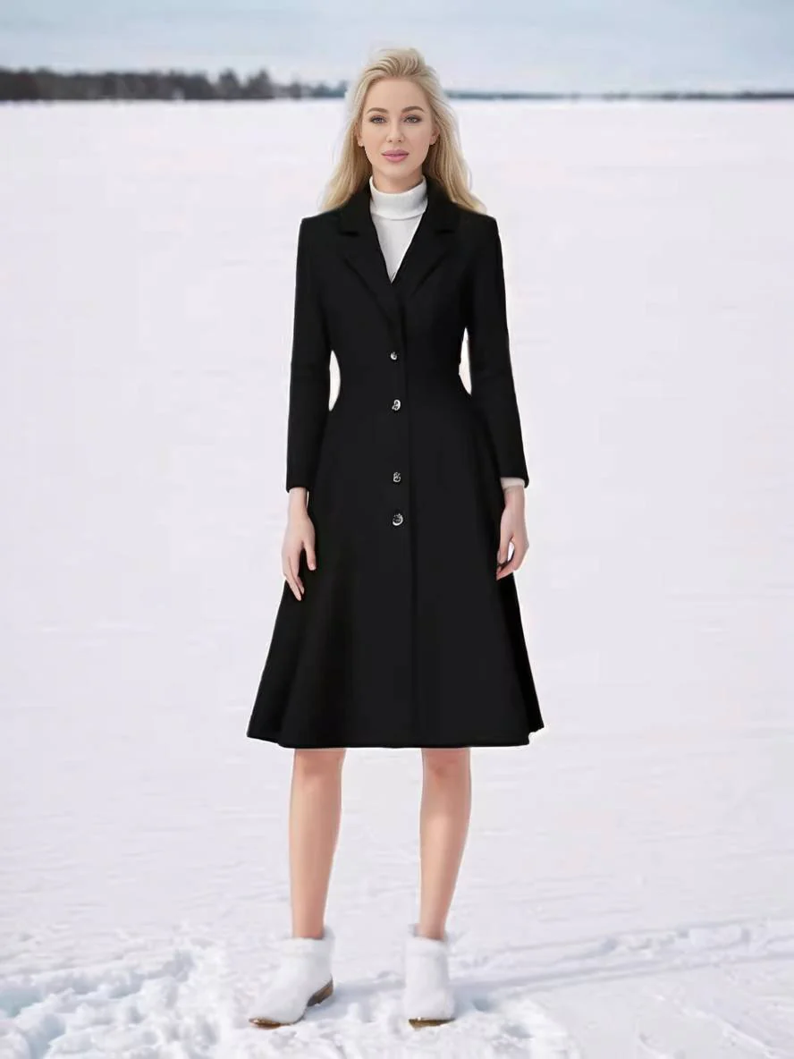 Heidi-Mode | Mid-Length Mantel Aus Wolle A-Linie Knöpfe Reverskragen Lange Ärmel Damen Elegant Casual Casual Weste - Image 9