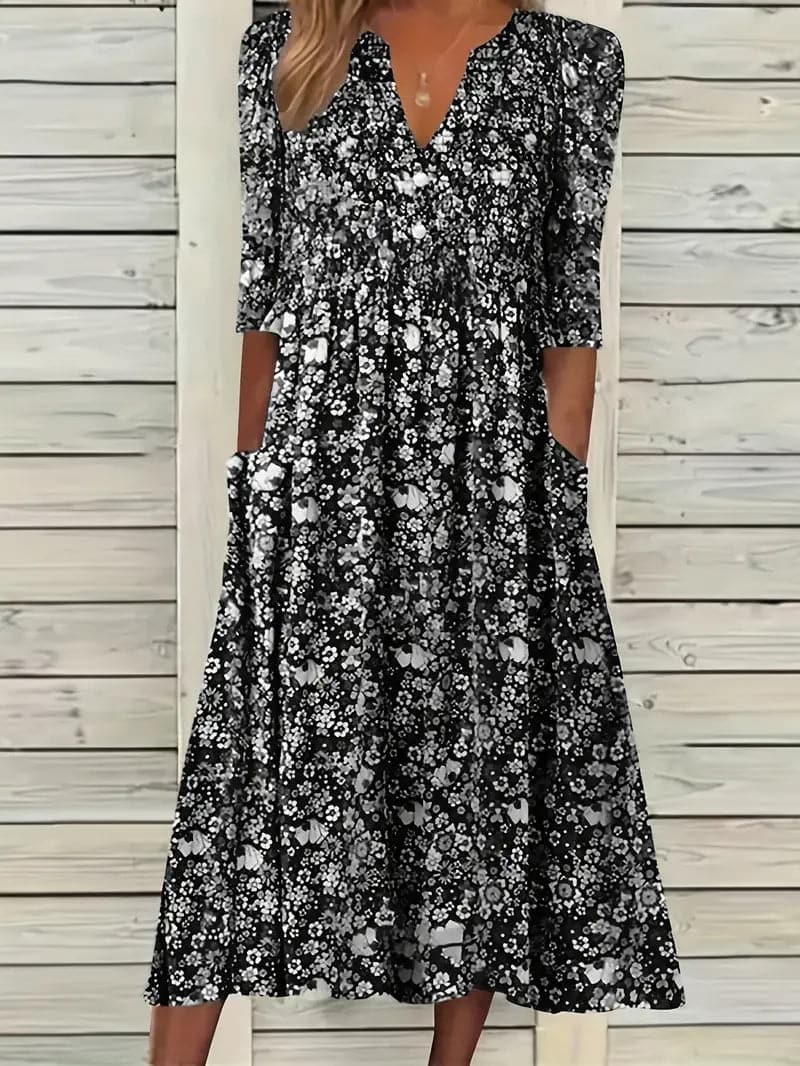 Heidi-Mode | Midikleid A-Linie Passform V-Ausschnitt 3/4 Ärmel Blumenmuster - Image 4