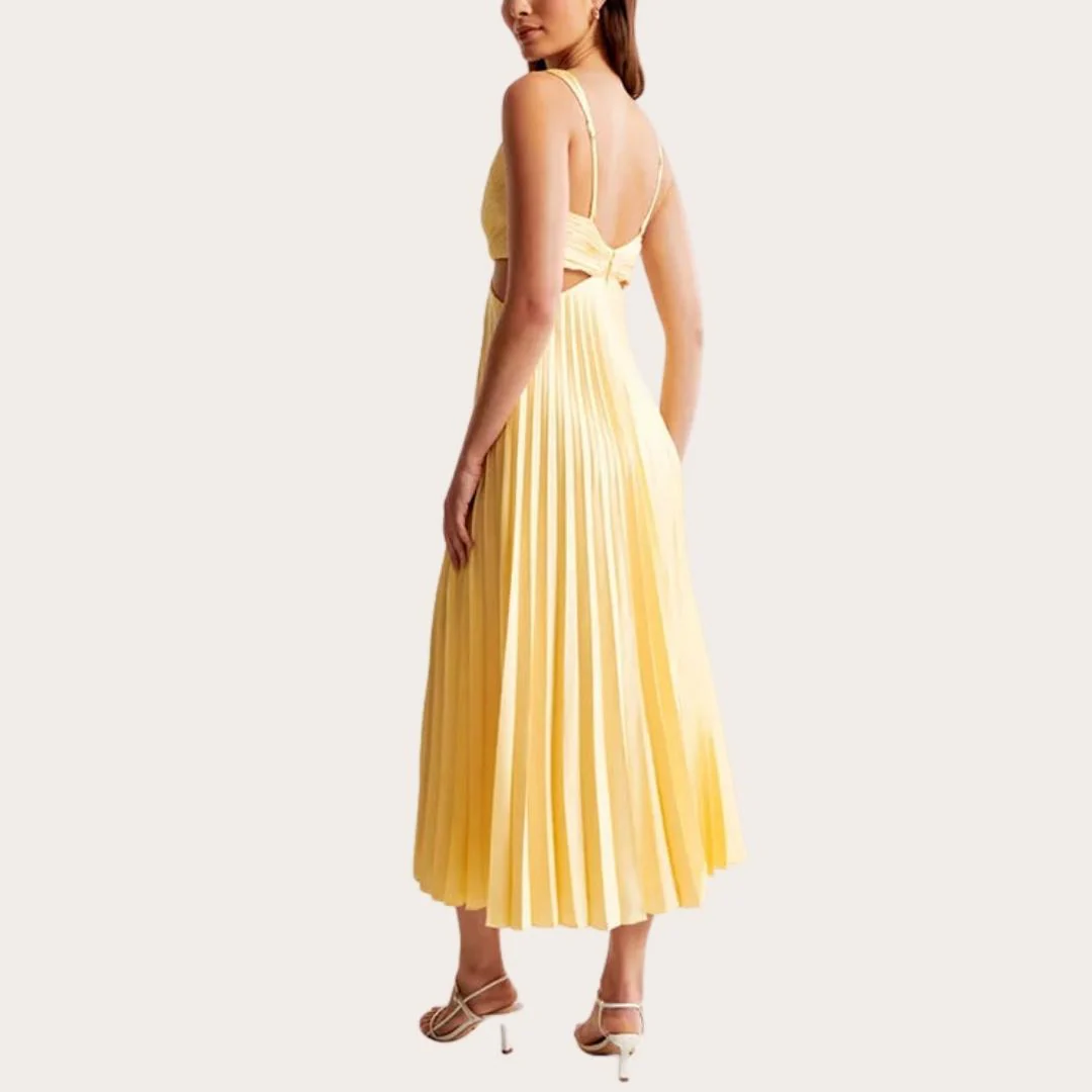 Heidi-Mode | Midi Kleid Ärmellos V-Ausschnitt Twist Front & Cut Out Detail Plissierter Rock - Image 2