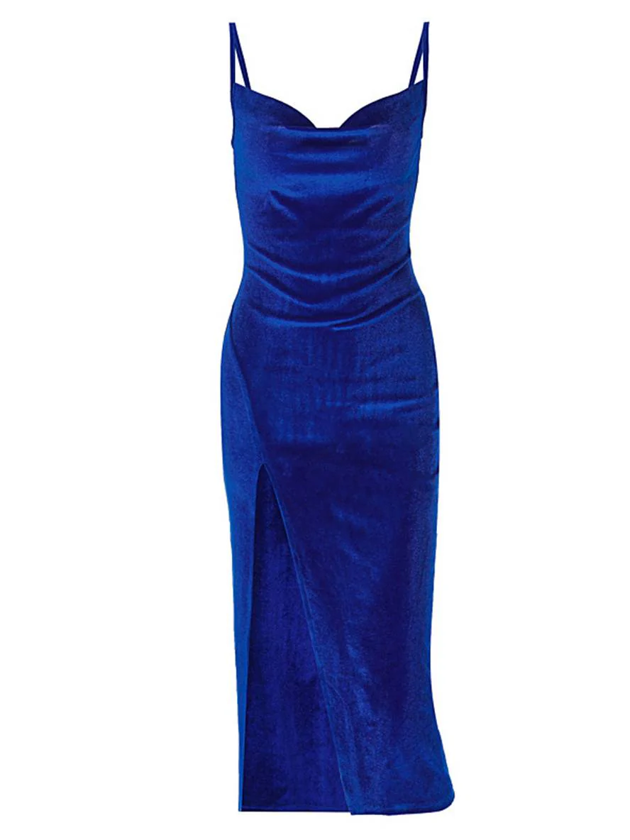 Heidi-Mode | Midilange Figurbetonte Robe Velours mit Schlitz An Der Seite Rückenfrei mit Dünnen Trägern Ärmellos Damen Abschlussball - Image 5