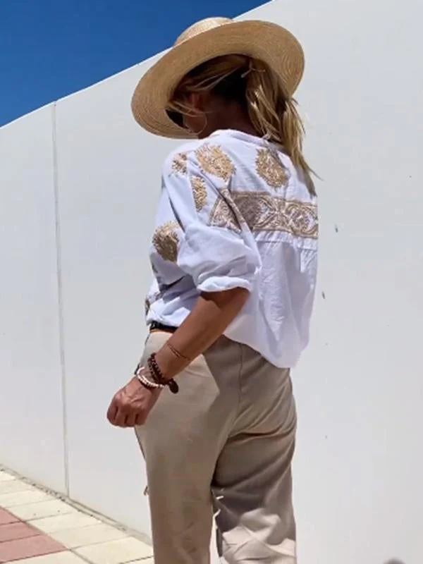 Heidi-Mode | mit Knopfleiste Boho Stil Lockere Passform Langarm Shirt Damen Leinenhemd - Image 2