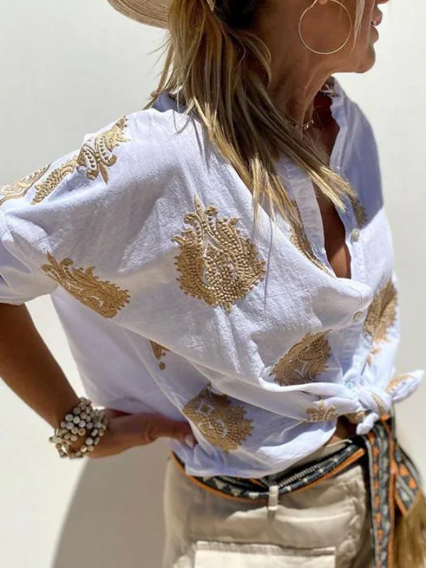 Heidi-Mode | mit Knopfleiste Boho Stil Lockere Passform Langarm Shirt Damen Leinenhemd - Image 5