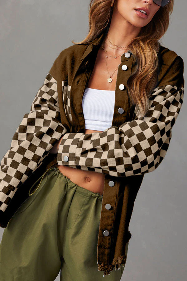 Heidi-Mode | Modische Lässige Lockere Kariert Kontrastierende Rohkante Jeansjacke - Image 2