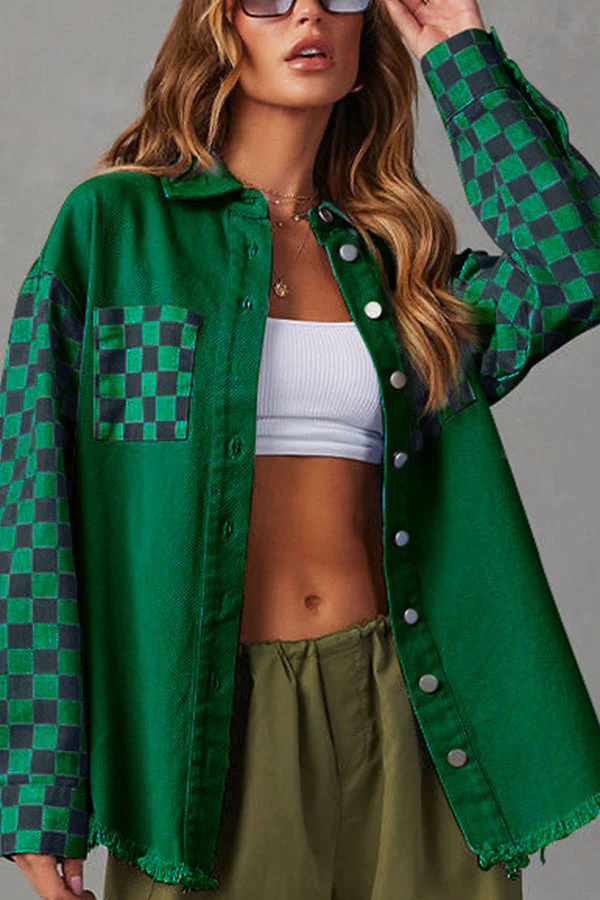 Heidi-Mode | Modische Lässige Lockere Kariert Kontrastierende Rohkante Jeansjacke - Image 3