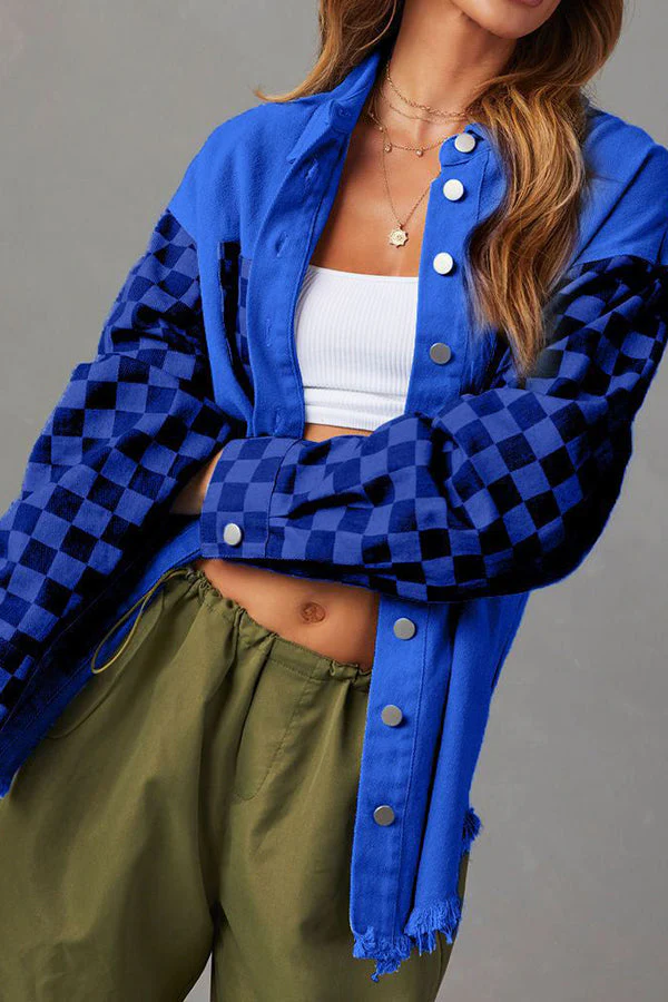 Heidi-Mode | Modische Lässige Lockere Kariert Kontrastierende Rohkante Jeansjacke - Image 6