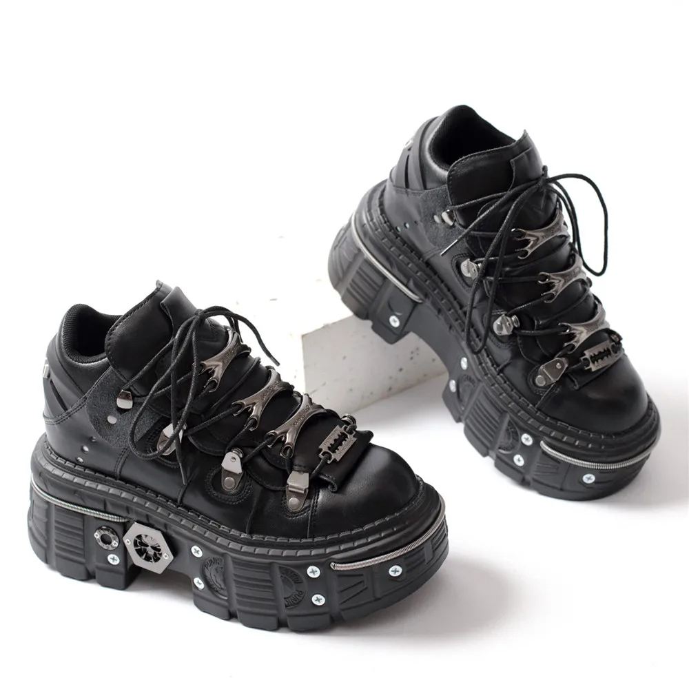Heidi-Mode | Fashion Frauen Ankle Boots Damen Dünne Absätze Runde Spitze Schnürsenkel Metall Dekoration Sneakers Fräulein Nieten Punk Gothic Rock Schuhe - Image 2