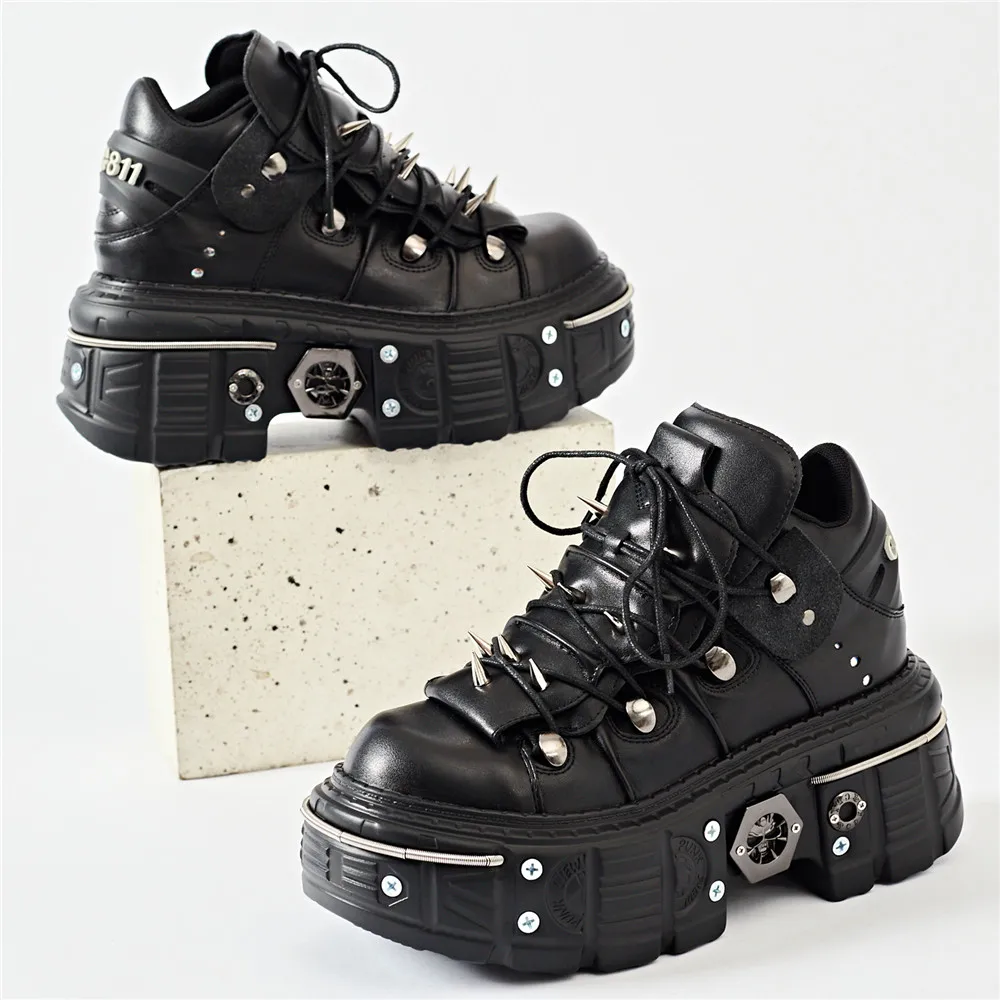 Heidi-Mode | Fashion Frauen Ankle Boots Damen Dünne Absätze Runde Spitze Schnürsenkel Metall Dekoration Sneakers Fräulein Nieten Punk Gothic Rock Schuhe - Image 4