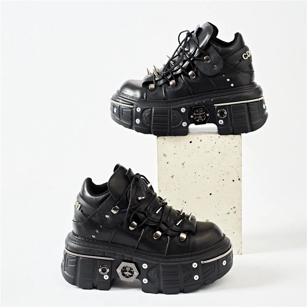 Heidi-Mode | Fashion Frauen Ankle Boots Damen Dünne Absätze Runde Spitze Schnürsenkel Metall Dekoration Sneakers Fräulein Nieten Punk Gothic Rock Schuhe - Image 5
