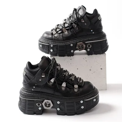 Heidi-Mode | Fashion Frauen Ankle Boots Damen Dünne Absätze Runde Spitze Schnürsenkel Metall Dekoration Sneakers Fräulein Nieten Punk Gothic Rock Schuhe - Image 7
