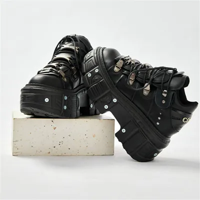 Heidi-Mode | Fashion Frauen Ankle Boots Damen Dünne Absätze Runde Spitze Schnürsenkel Metall Dekoration Sneakers Fräulein Nieten Punk Gothic Rock Schuhe - Image 8