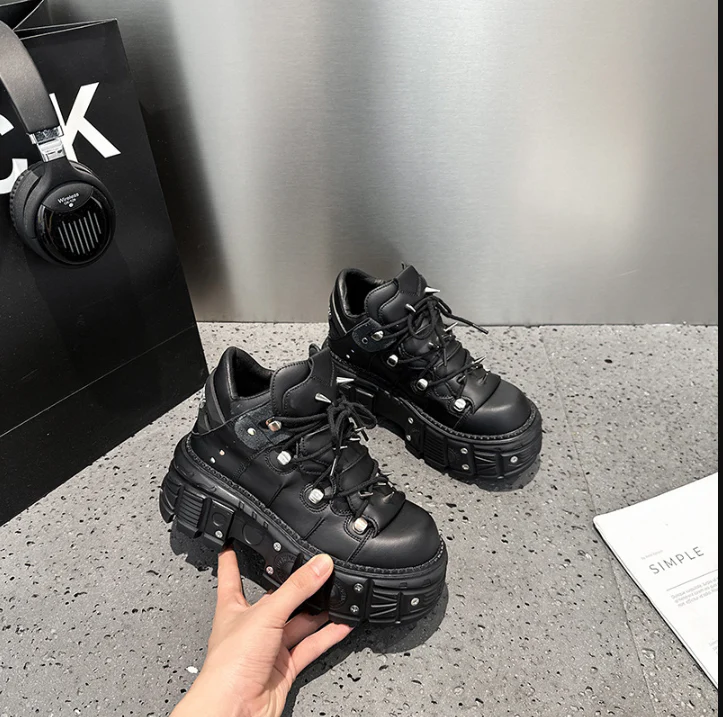 Heidi-Mode | Fashion Frauen Ankle Boots Damen Dünne Absätze Runde Spitze Schnürsenkel Metall Dekoration Sneakers Fräulein Nieten Punk Gothic Rock Schuhe - Image 9