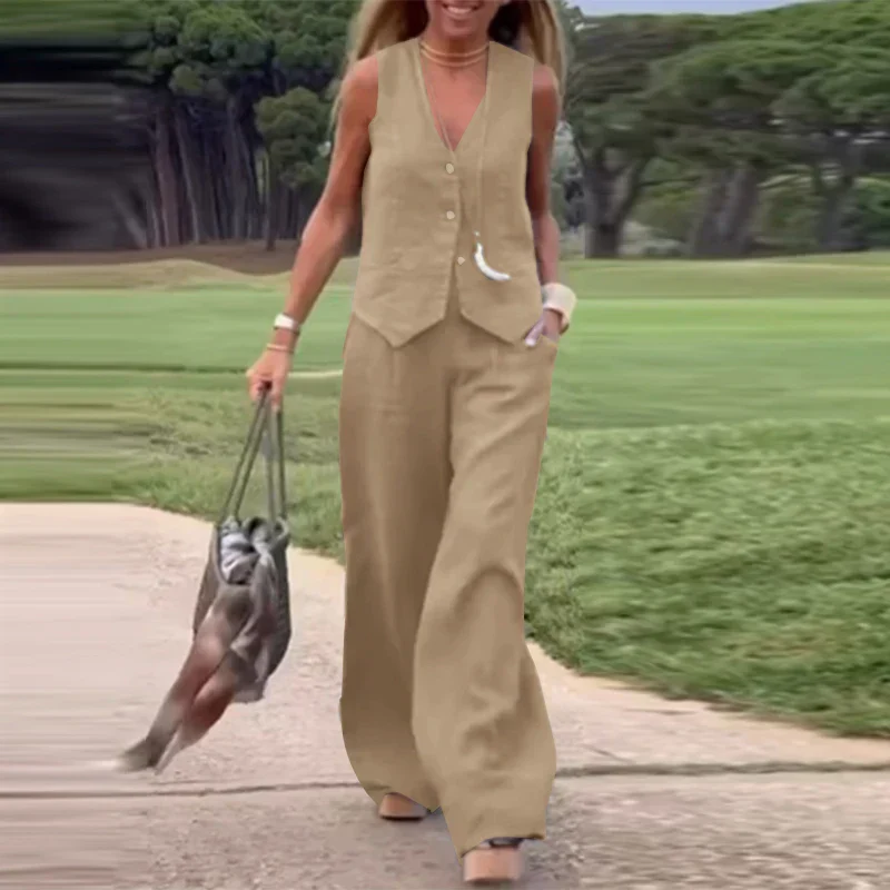 Heidi-Mode | Modern Set Eleganter Ärmelloser V-Ausschnitt-Top und Weit Geschnittene Hosen Damenanzug - Image 5