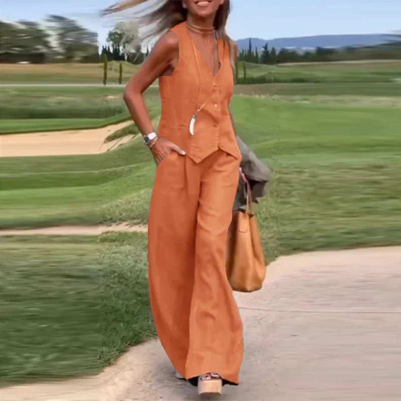 Heidi-Mode | Modern Set Eleganter Ärmelloser V-Ausschnitt-Top und Weit Geschnittene Hosen Damenanzug - Image 6