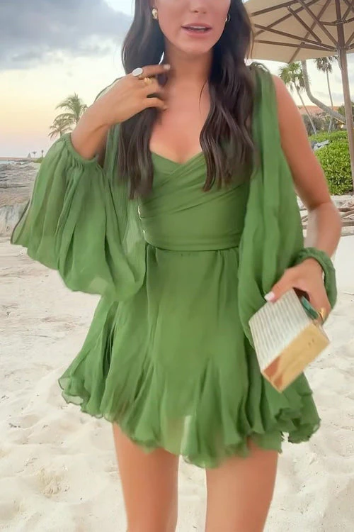Heidi-Mode | V-Ausschnitt Rücken Schnürung Schlitz Ärmel Mini Kleid - Image 6