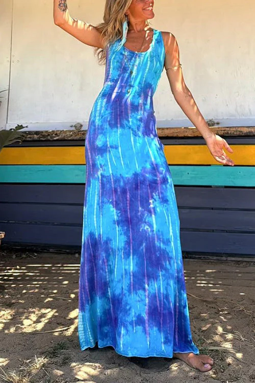 Heidi-Mode | Scoop Neck Rückenfreies Criss Cross Tie Dye Maxikleid - Image 2