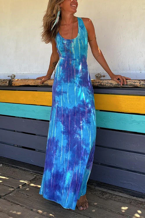 Heidi-Mode | Scoop Neck Rückenfreies Criss Cross Tie Dye Maxikleid - Image 4