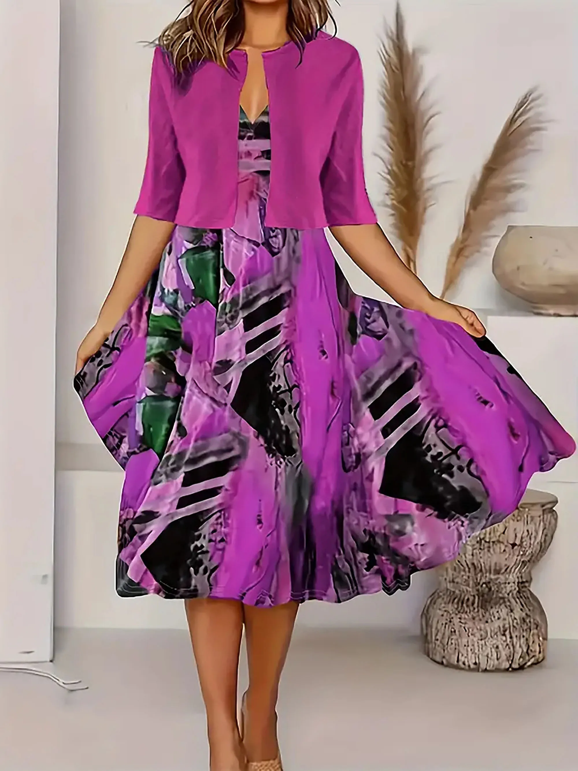 Heidi-Mode | Neu für Den Sommer! Eu Us Herbst Frau 2 Lang Kleid Set Blumen und Graspunkt Crew Neck Kleid mit Chiffon Kurzjacke - Image 10