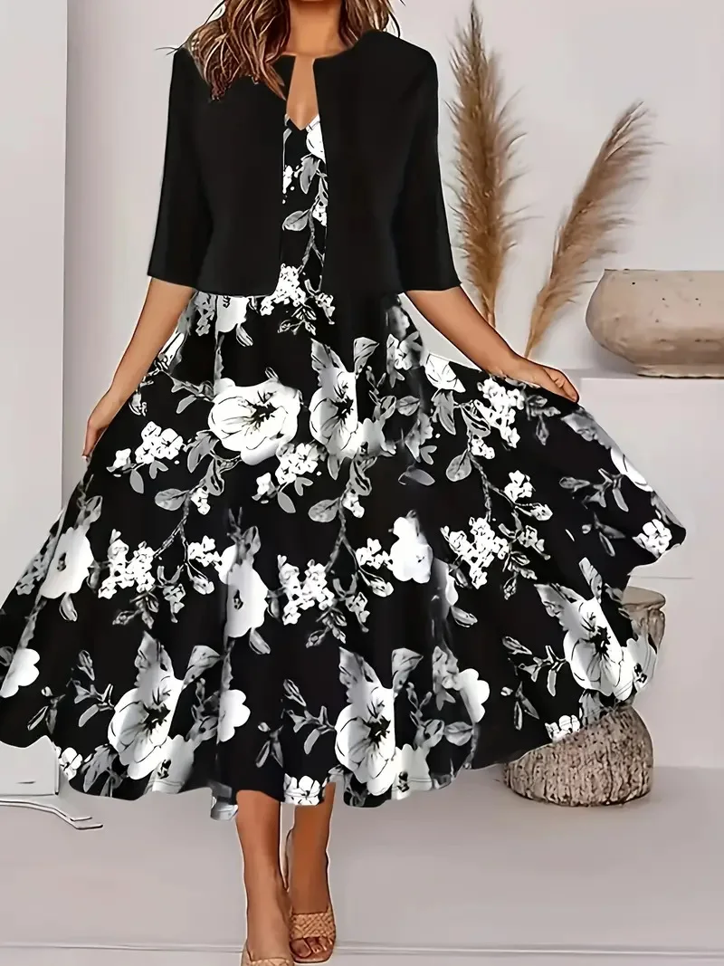 Heidi-Mode | Neu für Den Sommer! Eu Us Herbst Frau 2 Lang Kleid Set Blumen und Graspunkt Crew Neck Kleid mit Chiffon Kurzjacke - Image 11